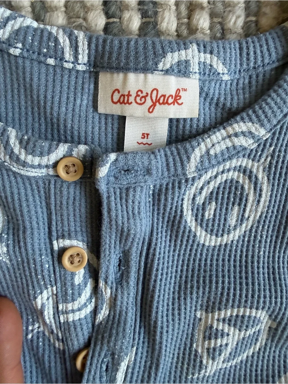 Cat & Jack Blue Ribbed Sleeveless Romper with White Smiley & Peace Motifs